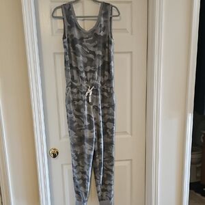 Gray Camouflage Sleeveless Jumpsuit with Drawstring Waist